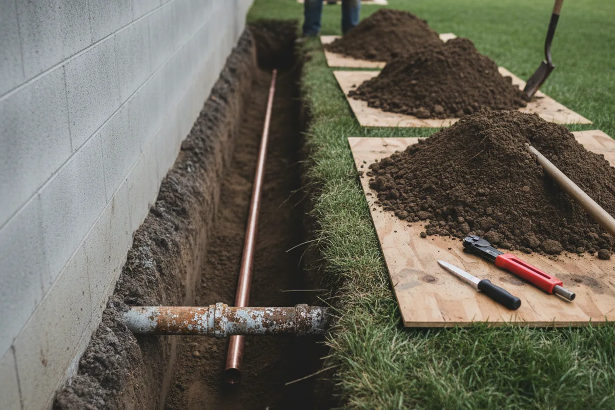Excavated water line trench during Water Softener Installation in Amargosa Valley